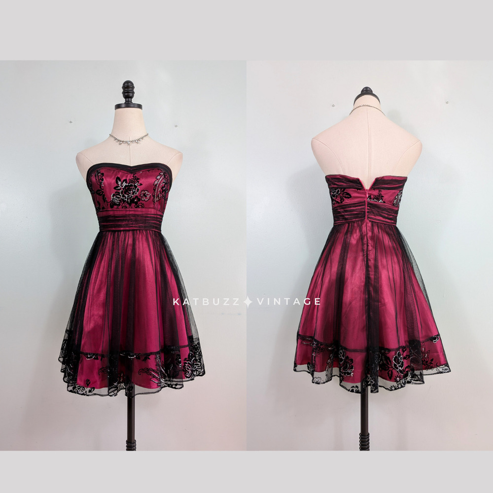 Vintage Prom Dress Mini Gown 4 Pink Black Y2K Goth Hoco Floral Lace Hoco Glam
